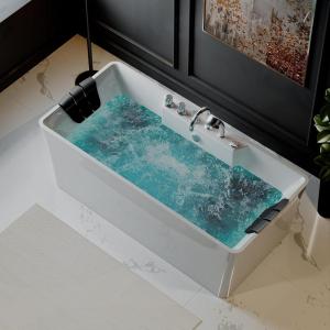 imageEmpava 59Inch White Freestanding Whirlpool Bathtub Rectangular with 8 Hydromassage Adjustable Water Jets