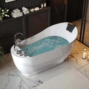 imageEmpava 59quot x 29quot Freestanding Whirlpool Tub Acrylic 560W Jetted Bathtub with 7 Hydromassage NozzlesLumbar and Neck SupportETL Certified