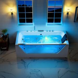 image67quot Whirlpool Hydro Massage Tub with Chromatherapy Hydrotherapy Jetted Bathtub with Glass Panel Acrylic Spa Tub with Center Drain White