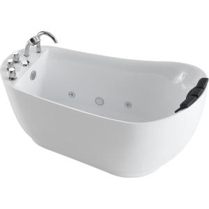 imageEmpava 59 in Acrylic Freestanding Tub Hydromassage Gracefully Oval Shaped Whirlpool 7 Water Jets Soaking SPA SingleEnded Massage Bathtub with Black Pillow  White