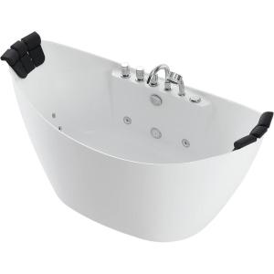 imageEmpava 59 in Acrylic Freestanding Tub Hydromassage Gracefully Oval Shaped Whirlpool 8 Water Jets Soaking SPA DoubleEnded Massage Bathtub with 2 Black Pillows  White