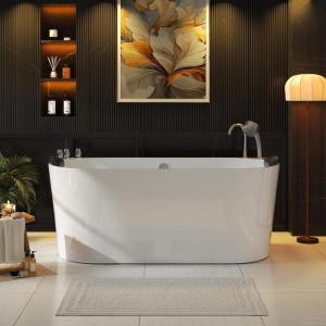 imageEmpava 59 in Acrylic Freestanding Tub Hydromassage Gracefully Oval Shaped Whirlpool 8 Water Jets Soaking SPA DoubleEnded Massage Bathtub with Two Black Pillow59 Inchold