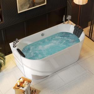 imageEmpava 59 in Acrylic Freestanding Tub Hydromassage Gracefully Oval Shaped Whirlpool 8 Water Jets Soaking SPA DoubleEnded Massage Bathtub with Two Black Pillow59 Inch