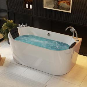 imageEmpava 59 in Acrylic Freestanding Tub Hydromassage Gracefully Oval Shaped Whirlpool 8 Water Jets Soaking SPA DoubleEnded Massage Bathtub with Two Black Pillow67inch