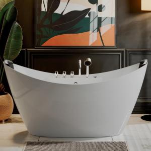 imageEmpava 59quot Freestanding Whirlpool Tub with Center DrainStand Alone Bathtub with 8 Hydromassage Jets BoatShaped DesignAcrylicETL CertificatedWhite