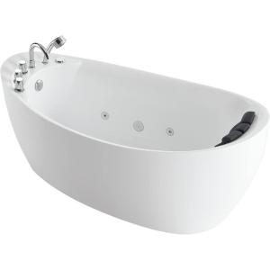 imageEmpava 67 in Acrylic Freestanding Tub Hydromassage Gracefully Oval Shaped Whirlpool 7 Water Jets Soaking SPA SingleEnded Massage Bathtub with Pillow  White
