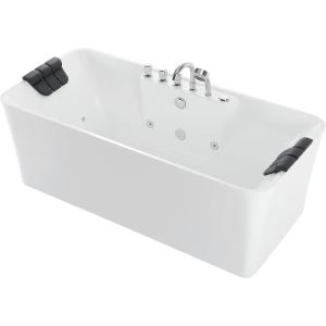 imageEmpava 67 in Acrylic Freestanding Tub Hydromassage Gracefully Rectangle Shaped Whirlpool 8 Water Jets Soaking SPA DoubleEnded Massage Bathtub with Two Black Pillows  White