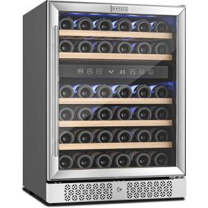 imageEmpava Chiller 15 inch Mini Double Fridge Built in or Freestanding Wine Cooler Stainless Steel Glass Door Quiet Operation Compressor Adjust Temperature 29 Bottles Dual Zone SilverWC04D