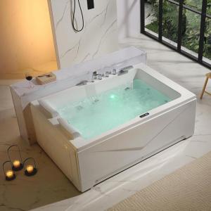 imageEmpava 2 Person Heated Soaking Whirlpool Bathtub 71 Jetted Tubs with 16 Jets8 Water Jetted  8 Air Bubble Acrylic SPA Bath Tub with LED control panel Faucet and two white pillows