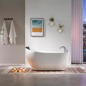 imageEmpava 59 Inch Acrylic Freestanding Whirlpool Tub Hydromassage Gracefully Oval Shaped Whirlpool 7 Water Jets Soaking SPA Lumbar and Neck Support Black Pillow ETL Certified White67 Inch