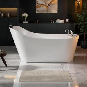 imageEmpava 67 inch Whirlpool Bathtub Acrylic Freestanding Tub Hydromassage Gracefully Rectangle Shaped Whirlpool 8 Water Jets Soaking SPA DoubleEnded Massage Bathtub with Black Pillows White67AIS09